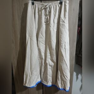 Khaki Cream Cotton Maxi Skirt with Blue Trim